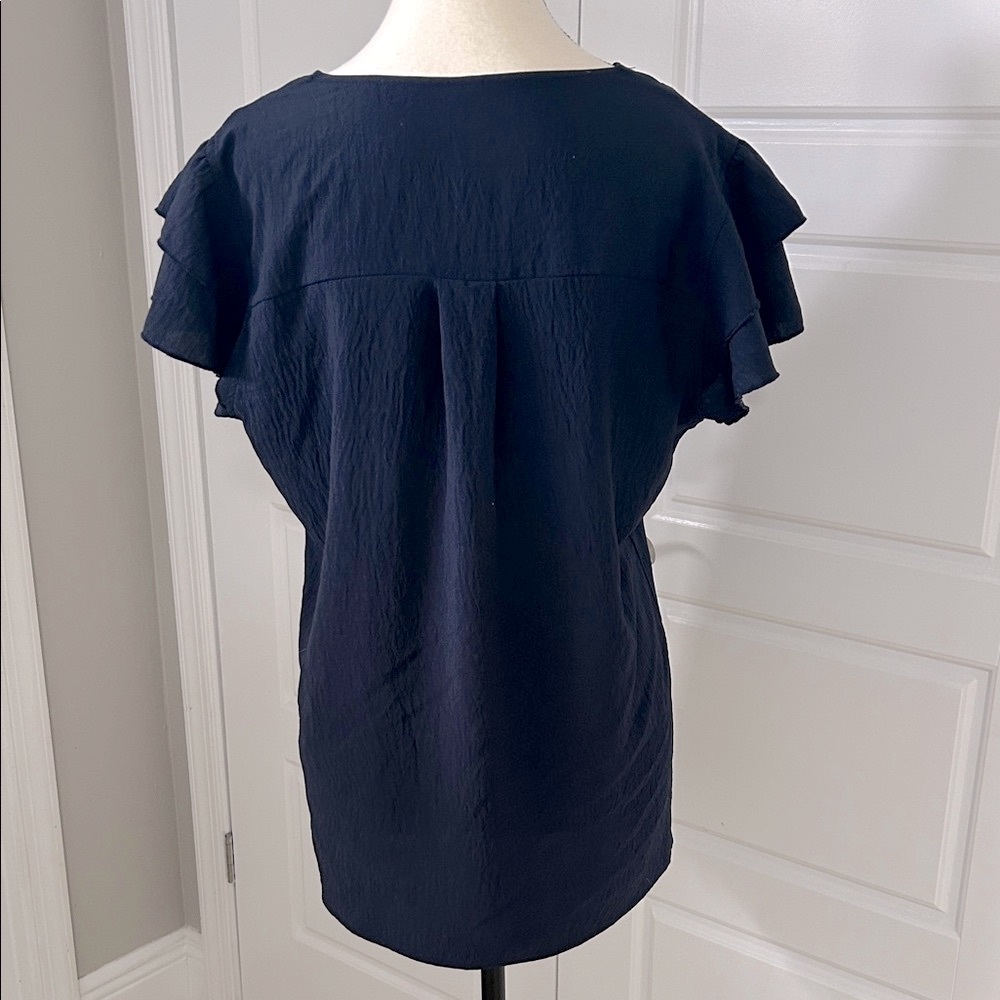 Blooming Jelly Chic Elegant Women’s Navy V-Neck Blouse with Ruffle Sleeves Sz L - Picture 5 of 9